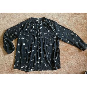 Brina & Em Black Floral Blouse 1X Plus Size Long Sleeve Rayon Boho Tunic Top